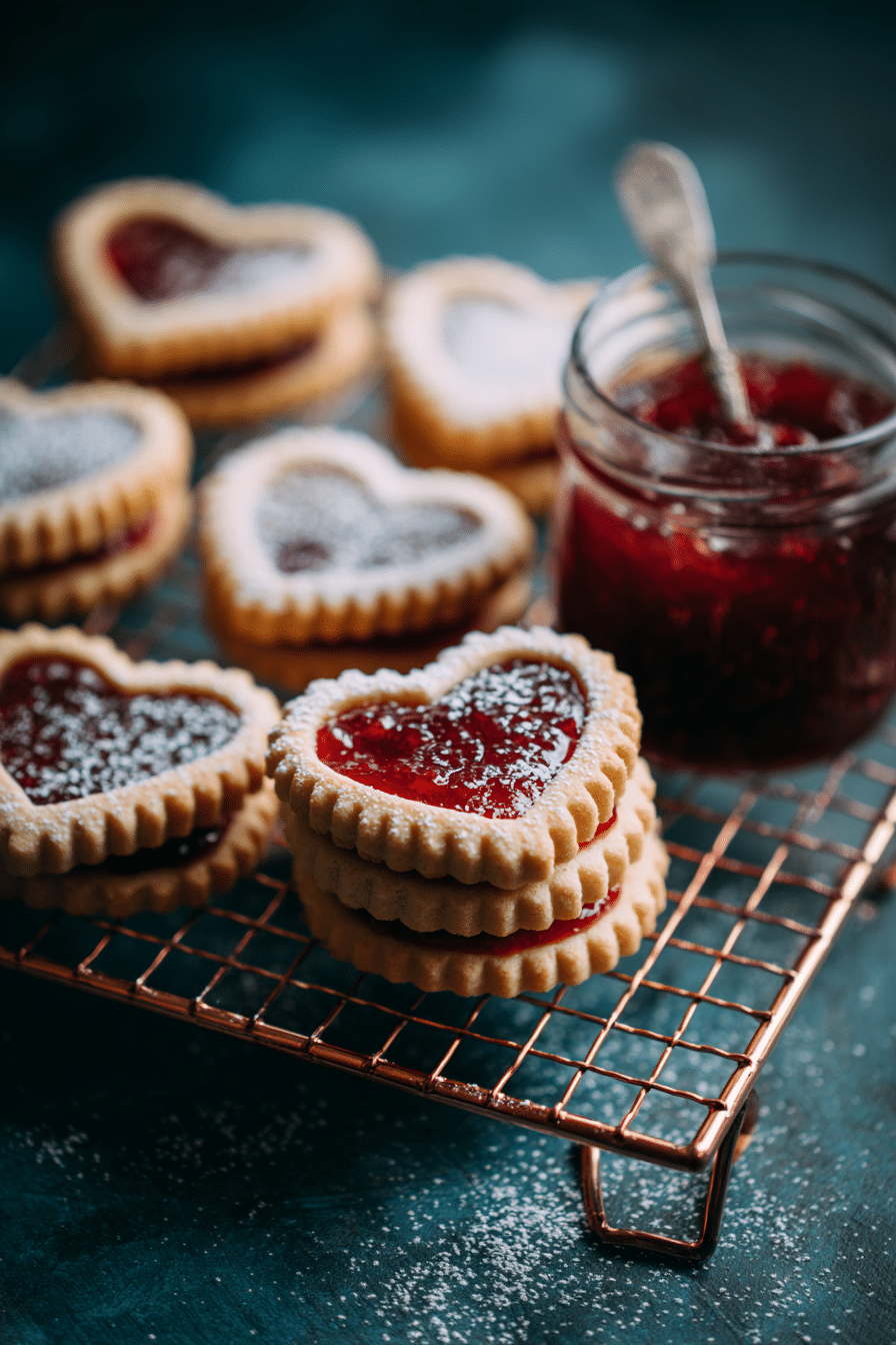 heart jam sandwich cookies on cooling rack