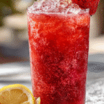 Bright hibiscus tea strawberry lemonade refresher served over ice with a fresh strawberry and lemon slice garnish