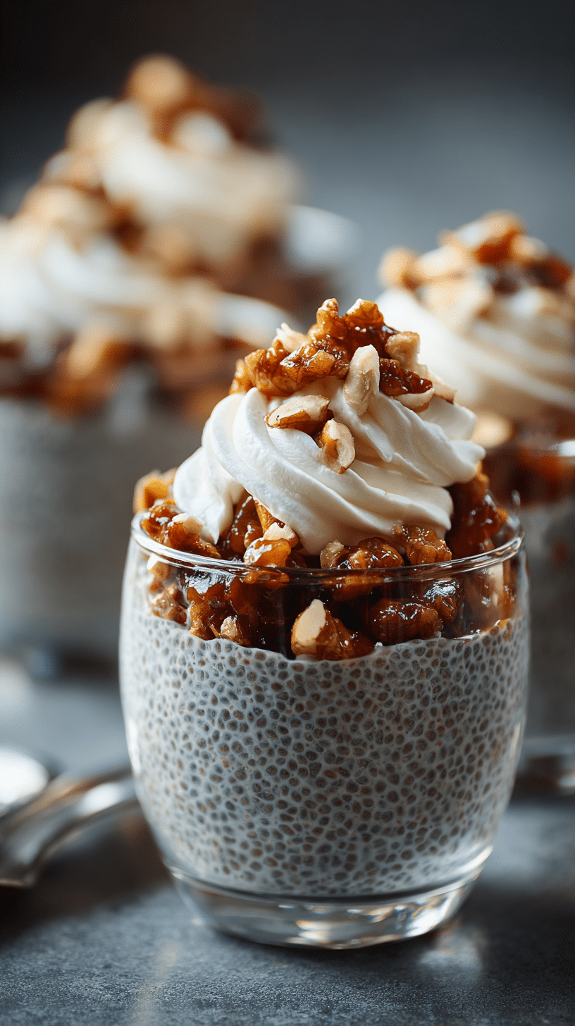 High fiber chia pudding dessert in a glass cup topped with whipped cream and caramelized nuts, a healthy and creamy Aldi-style treat.