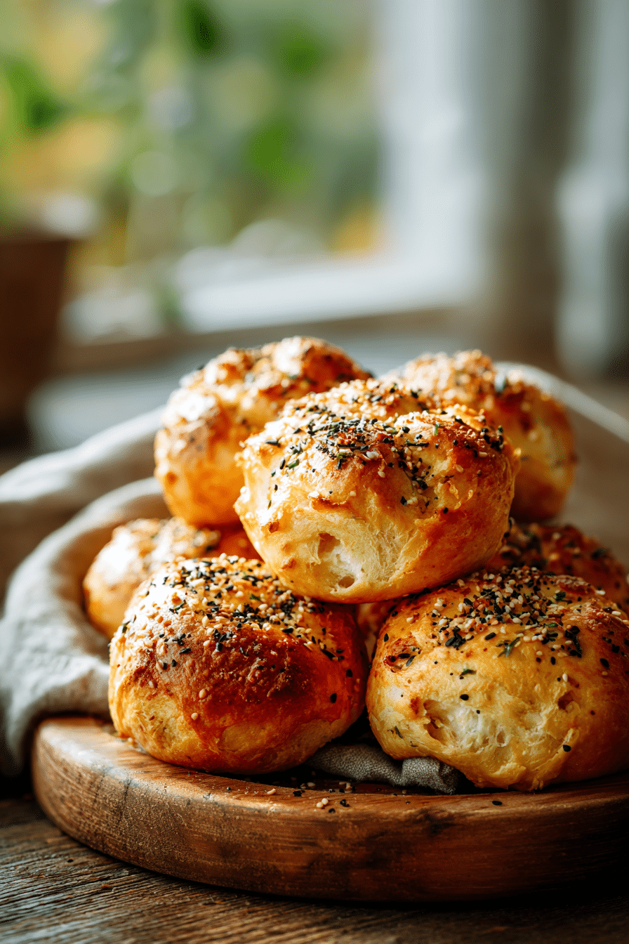 High Protein Bagels Bites with Everything Bagel Seasoning on wooden board