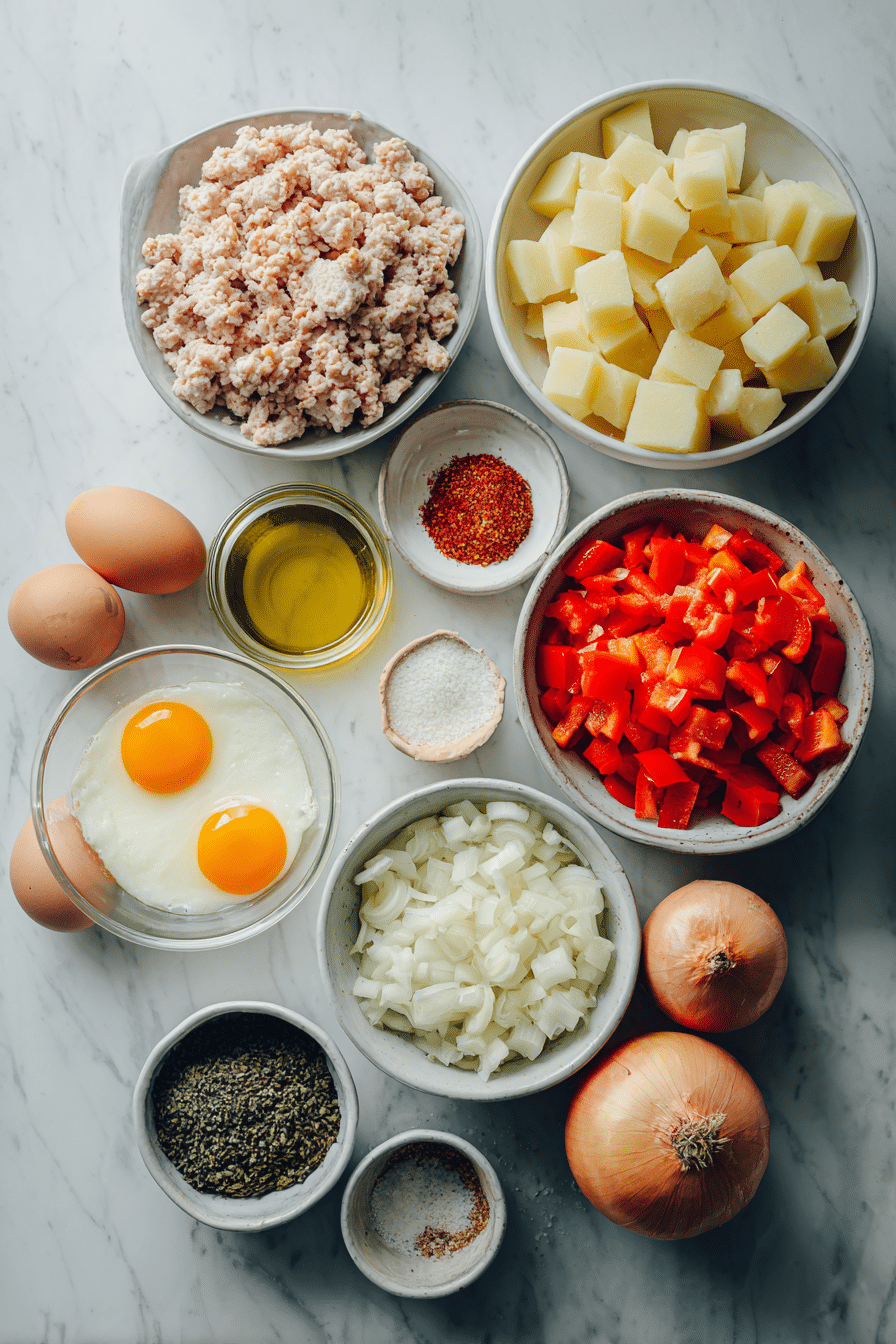 Ingredients for high protein breakfast casserole including eggs, chicken, potatoes, and spices.