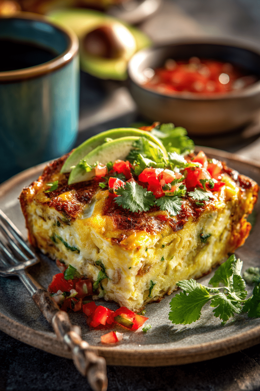 Slice of high protein breakfast casserole served with avocado and salsa on a rustic plate.
