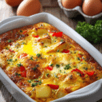 High protein breakfast casserole with chicken, eggs, and potatoes in a white baking dish.