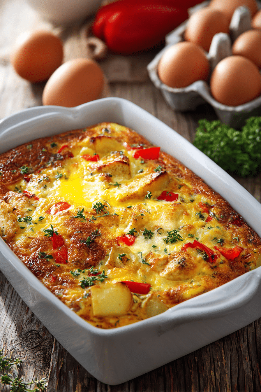 High protein breakfast casserole with chicken, eggs, and potatoes in a white baking dish.