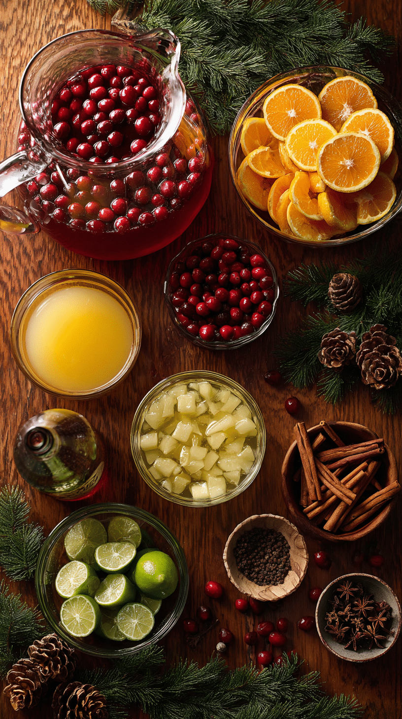 Ingredients for holiday punch including cranberry juice, orange juice, pineapple juice, lime, cranberries, oranges, cinnamon sticks, cloves, and ginger ale.