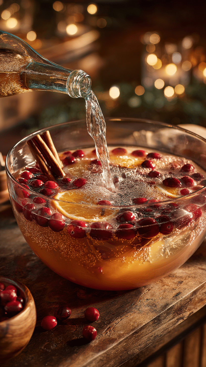 Preparation steps for holiday punch showing juices mixed in a punch bowl, spices added, ginger ale poured in, and fruit slices floating on top.