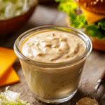 A bowl of creamy homemade Big Mac Sauce surrounded by burger ingredients on a wooden surface.