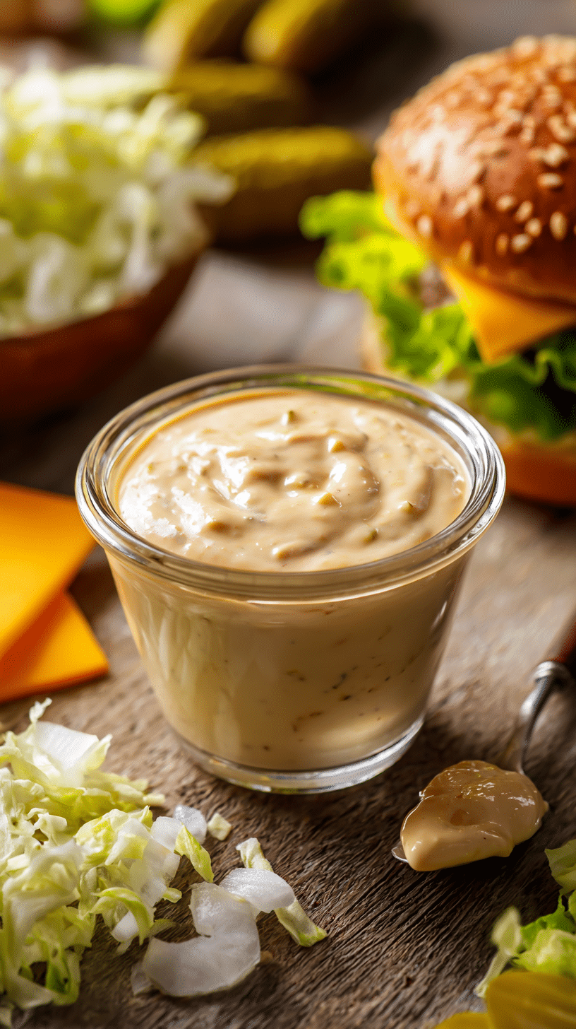 A bowl of creamy homemade Big Mac Sauce surrounded by burger ingredients on a wooden surface.
