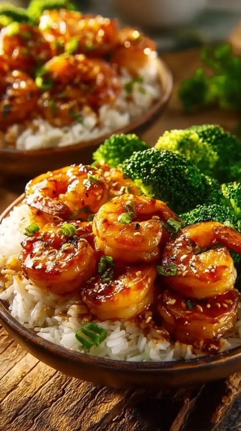 Honey garlic shrimp bowl with rice and vegetables