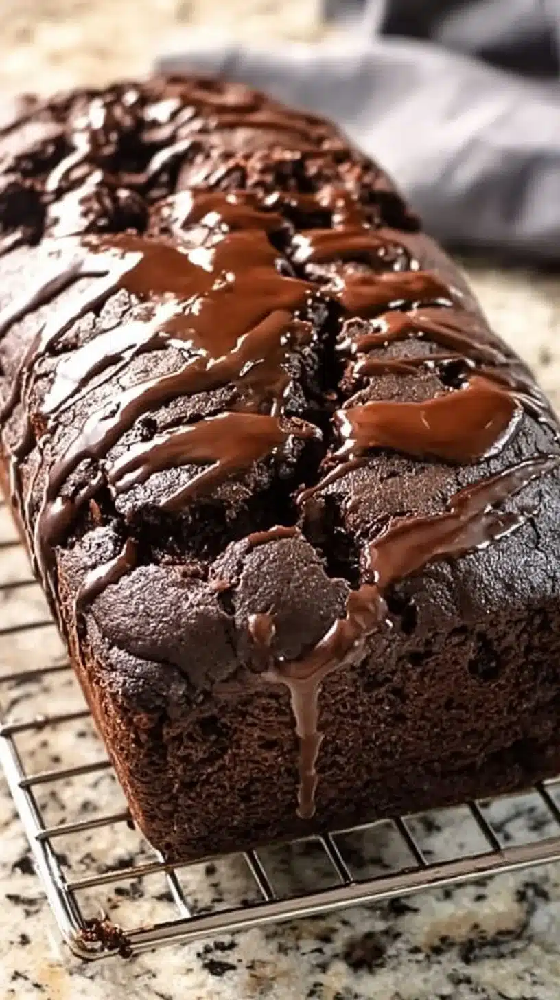 Hot fudge brownie bread with chocolate drizzle and nuts on a wooden table.