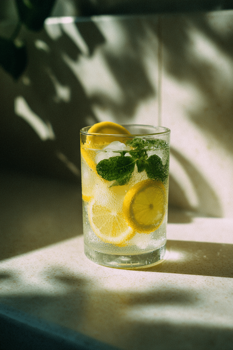 refreshing glass of ice water with lemon and mint