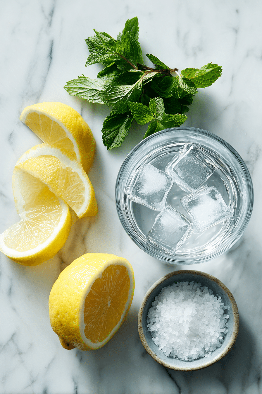ingredients for ice water hack including lemon, mint, ice, and sea salt