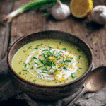 Creamy zucchini soup in a rustic bowl topped with cream swirl and fresh chives