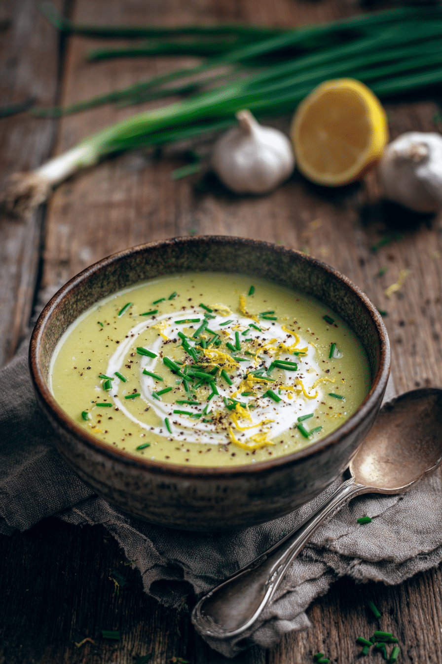 Creamy zucchini soup in a rustic bowl topped with cream swirl and fresh chives