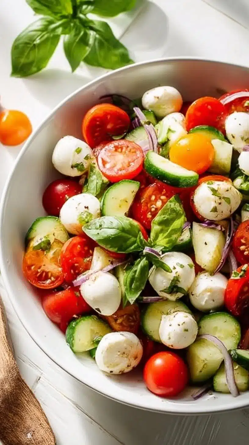 Juicy Cucumber Caprese Salad with fresh tomatoes and basil on a plate