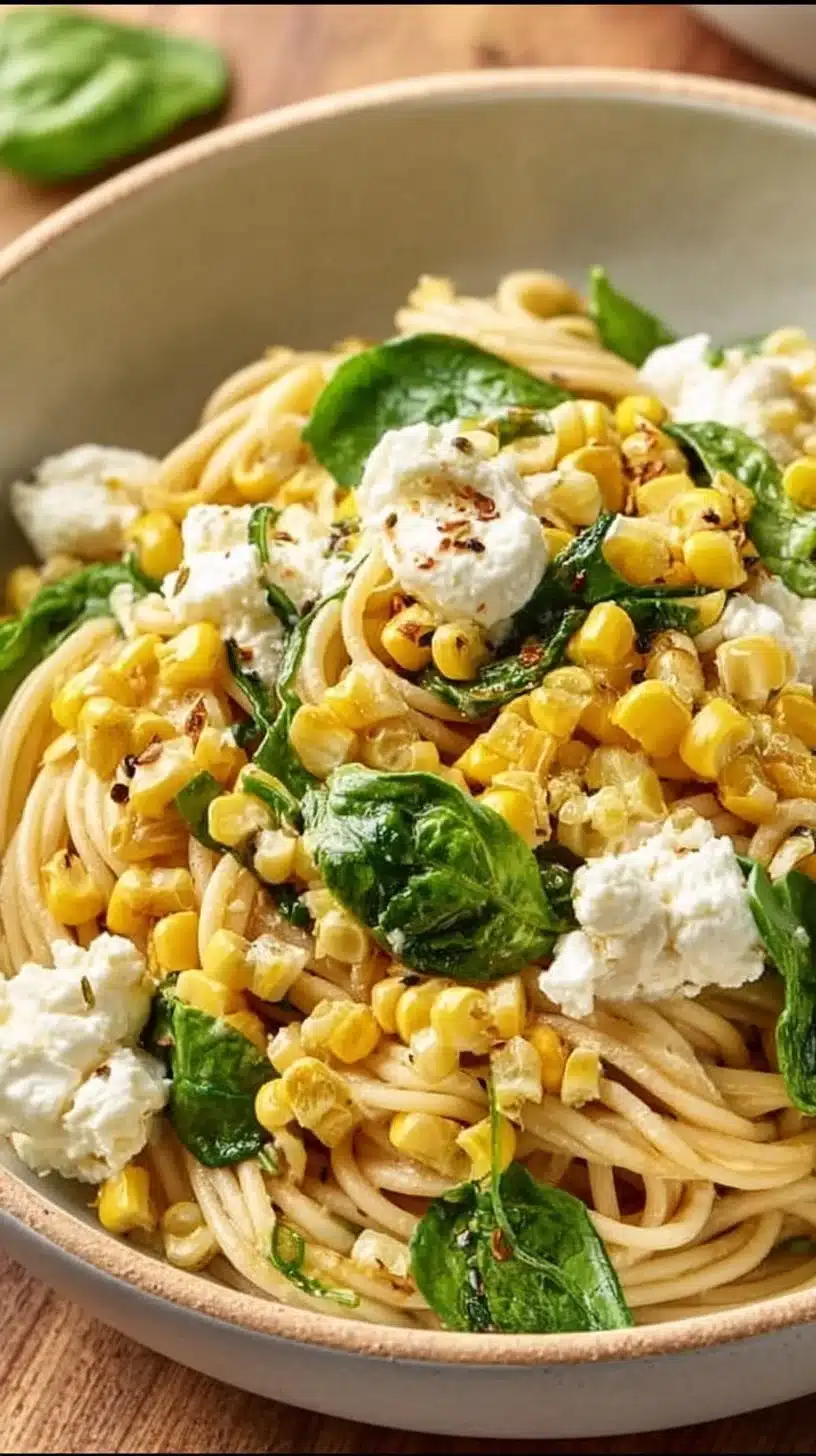 Juicy street corn pasta salad with fresh ingredients and vibrant colors