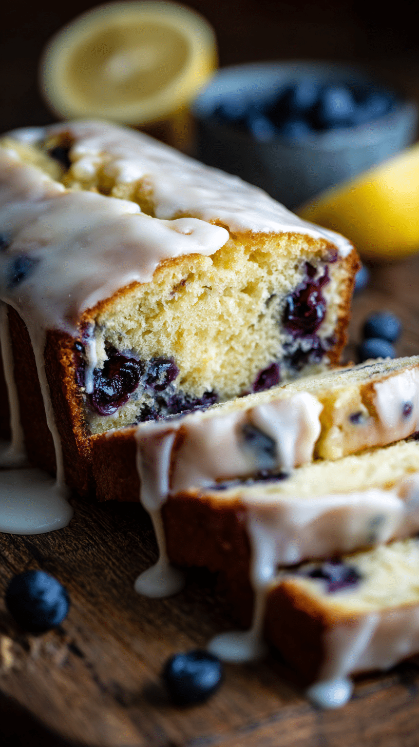 Close-up angled shot of lemon blueberry bread with lemon glaze on a wooden table.