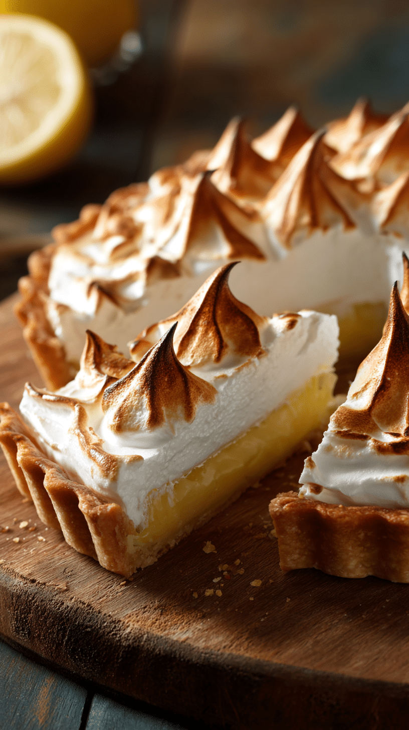 Close-up angled shot of a lemon meringue pie with toasted meringue peaks and a bright lemon filling.
