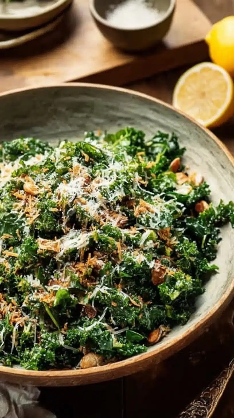 Fresh Lemon Parm Kale Salad with lemon dressing and parmesan cheese