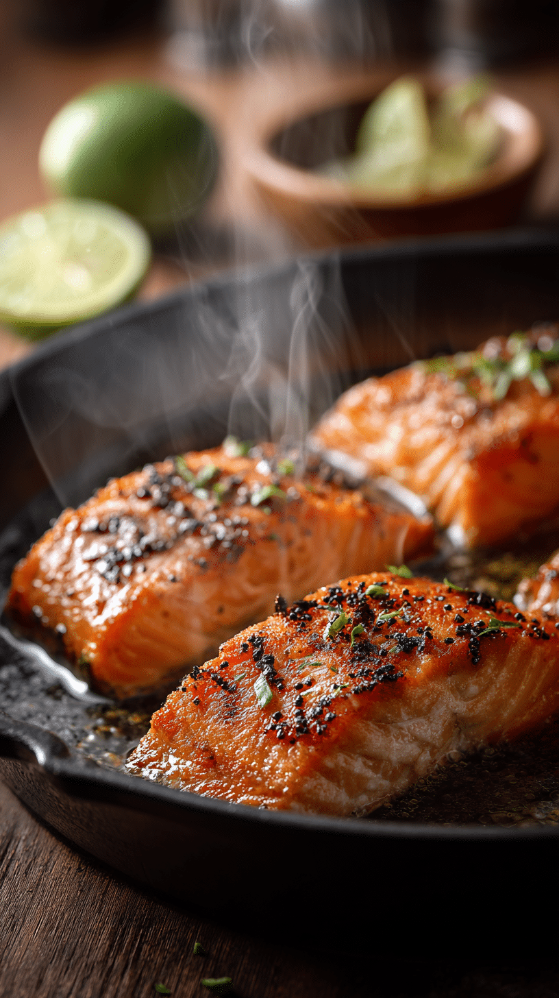 Salmon fillets searing in a skillet for Bang Bang Salmon