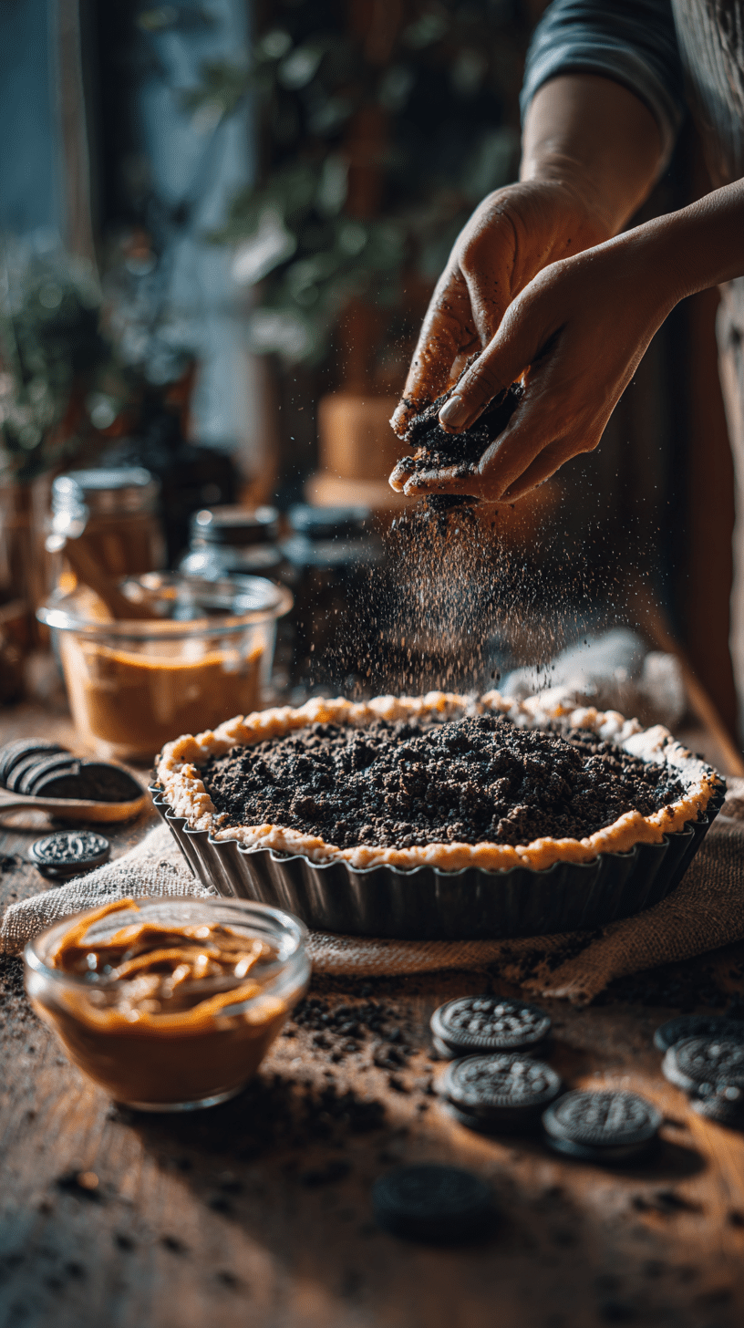 Pressing Oreo crust and preparing peanut butter filling for Chocolate Peanut Butter Pie