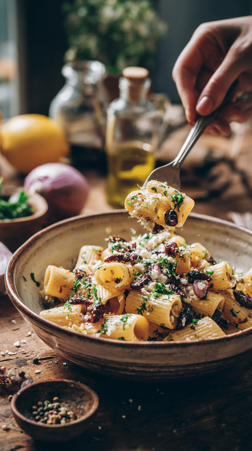 Tossing rigatoni pasta with feta, cranberries, and parsley for Feta & Cranberry Rigatoni Salad