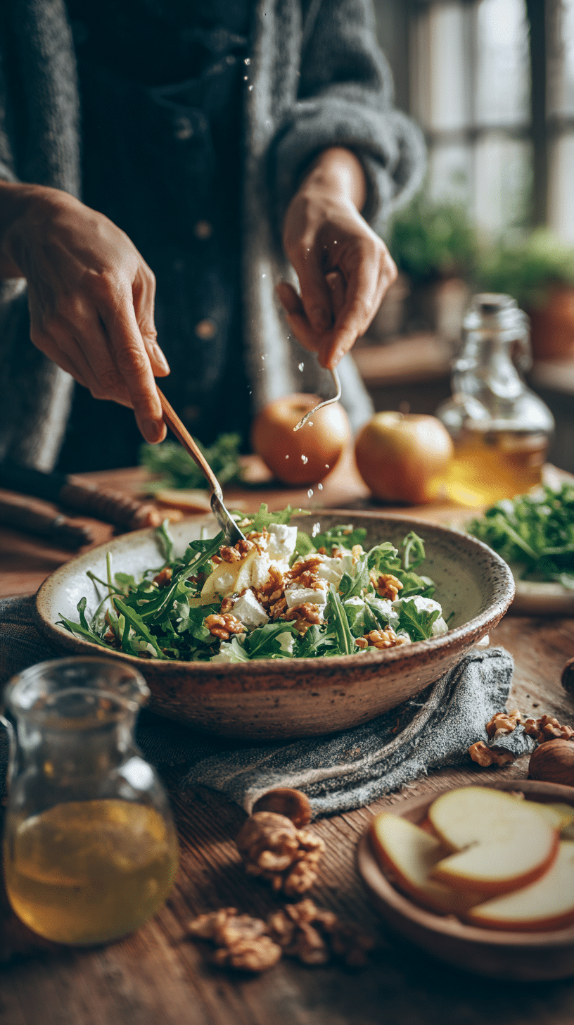 Preparing Pear and Arugula Salad with sliced pears, goat cheese, and walnuts in a rustic bowl