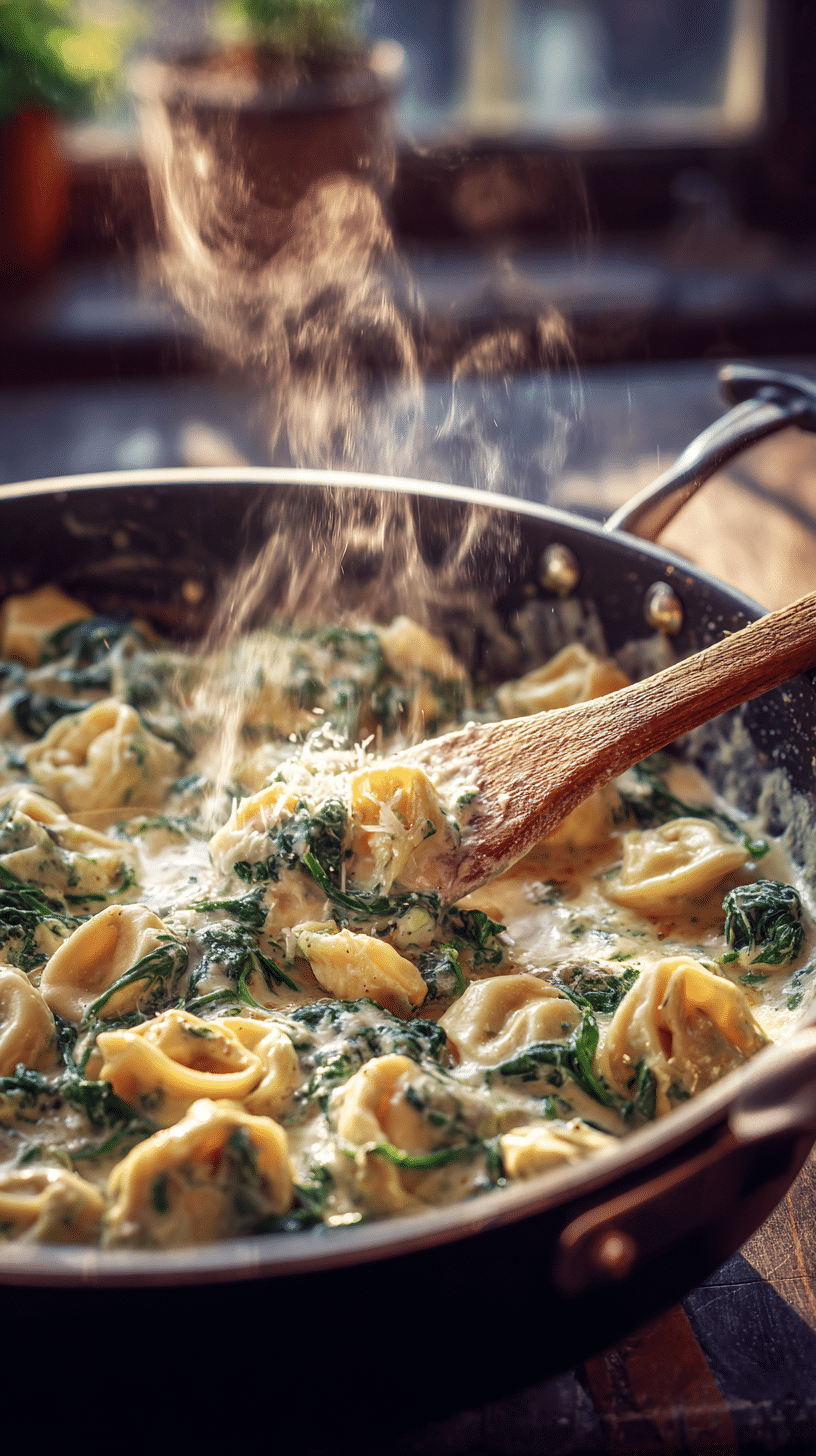 Creamy Marry Me Tortellini sauce being stirred with garlic, parmesan, and spinach in a skillet.