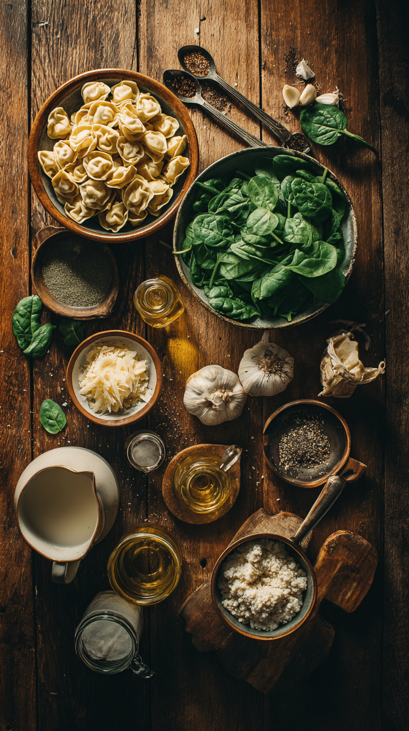 Flat lay of Marry Me Tortellini ingredients including tortellini, cream, broth, parmesan, spinach, garlic, and seasoning.