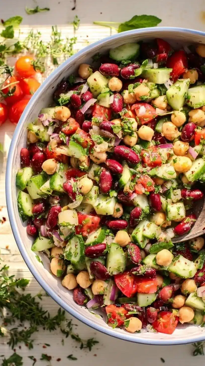 A vibrant Mediterranean Bean Salad with colorful vegetables and beans.