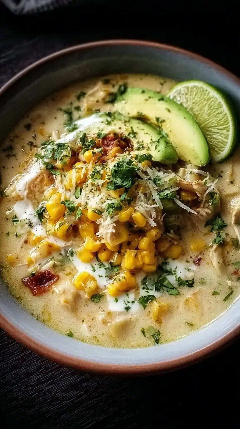 Mexican Street Corn White Chicken Chili served in a bowl with toppings