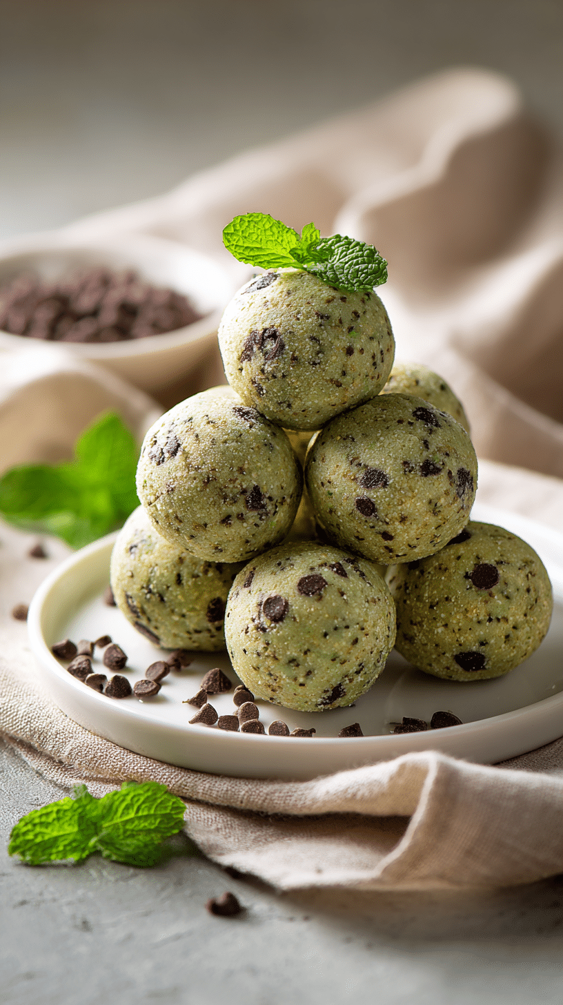 Stack of Mint Chocolate Chip Protein Balls garnished with chocolate chips and mint leaves