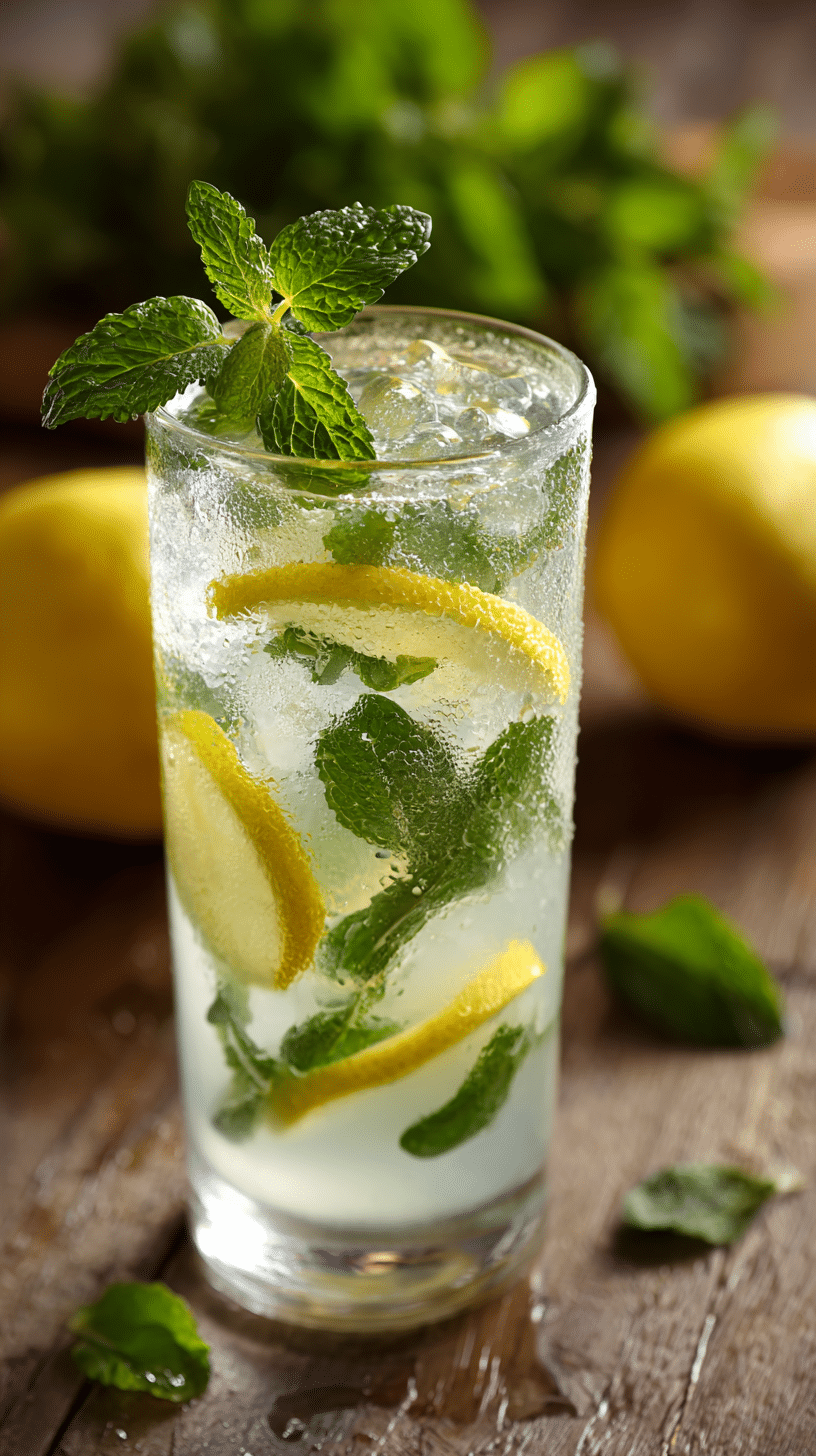 Fresh mint lemonade in a tall glass with ice, lemon slices, and mint on a wooden table.