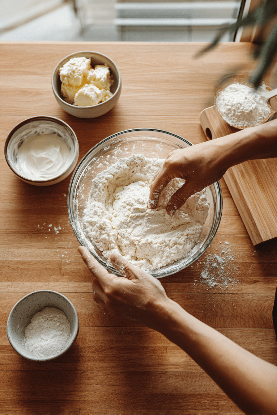 Mixing dough for High Protein Bagels with Greek yogurt and flour