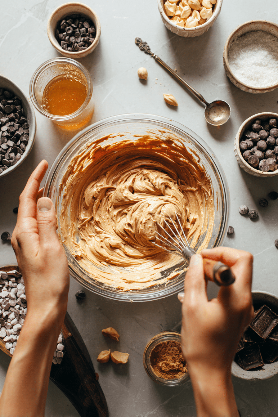 Mixing Greek yogurt and peanut butter for high protein low carb snacks