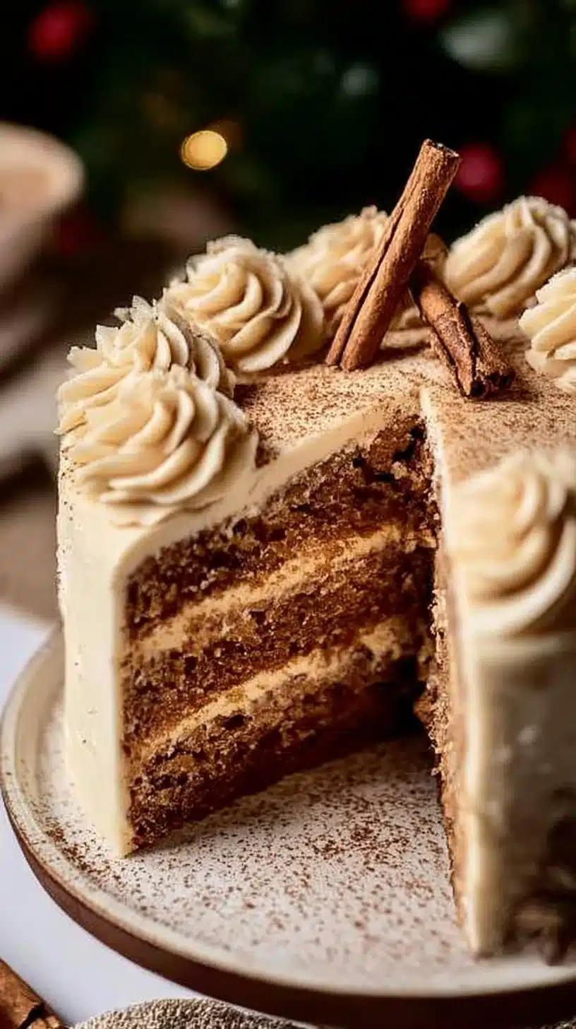 Moist Christmas spice cake with eggnog buttercream decoration