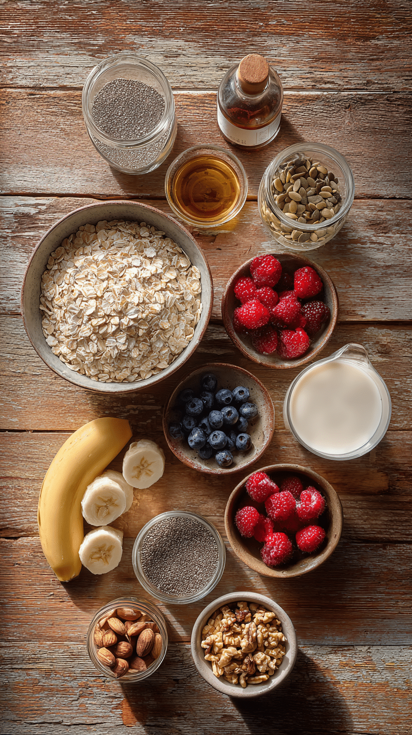Ingredients for Overnight Oats including rolled oats, chia seeds, honey or maple syrup, vanilla, milk, and fresh fruit toppings.