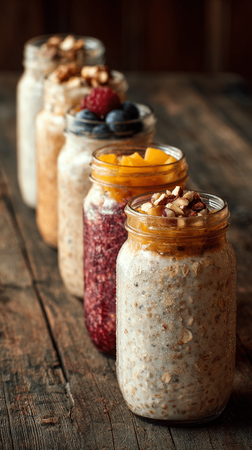 row of overnight oats jars arranged diagonally on a wooden table with assorted toppings