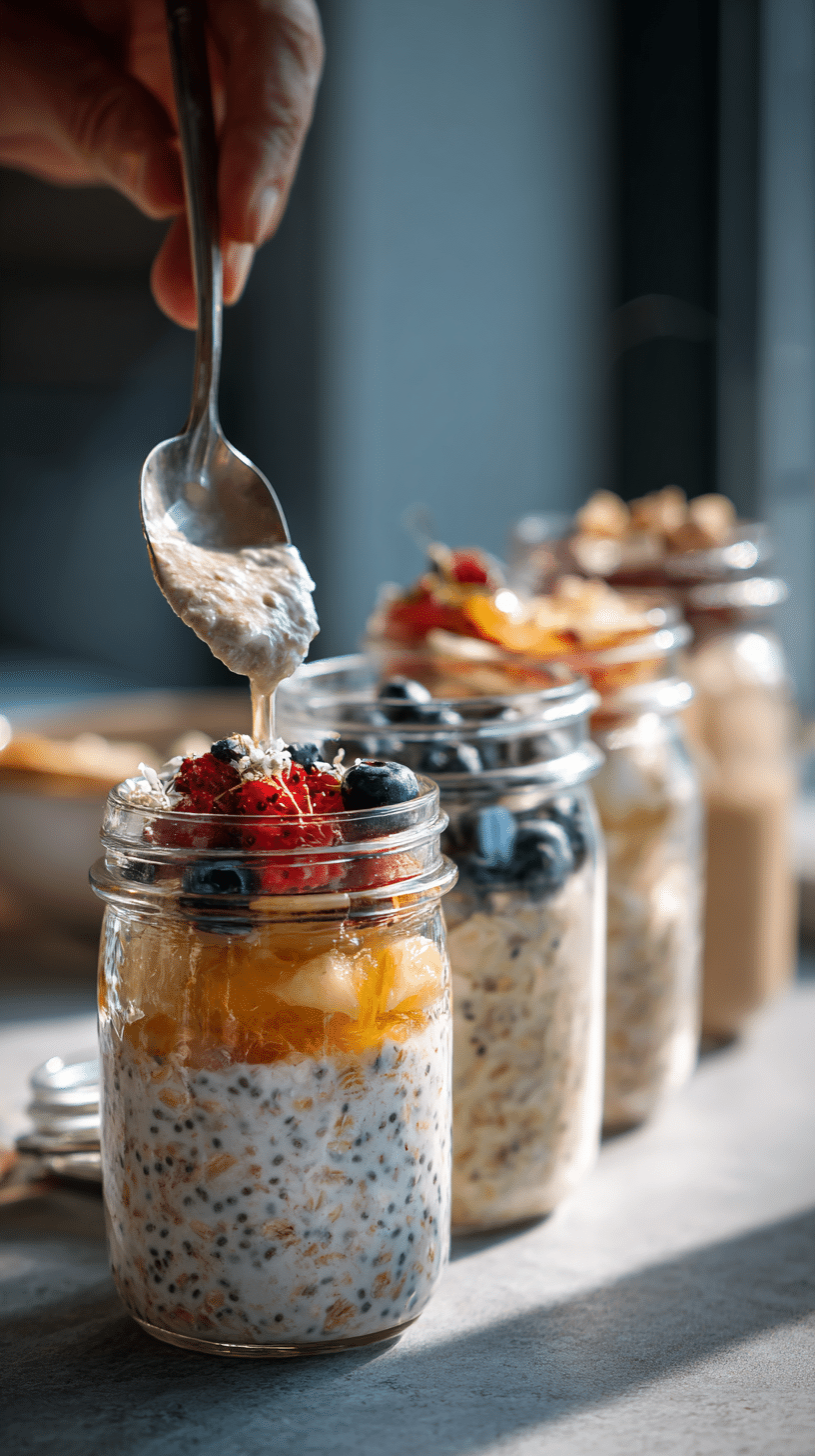 Preparation steps for Overnight Oats showing mixing in a jar, adding toppings, and jars ready for chilling.