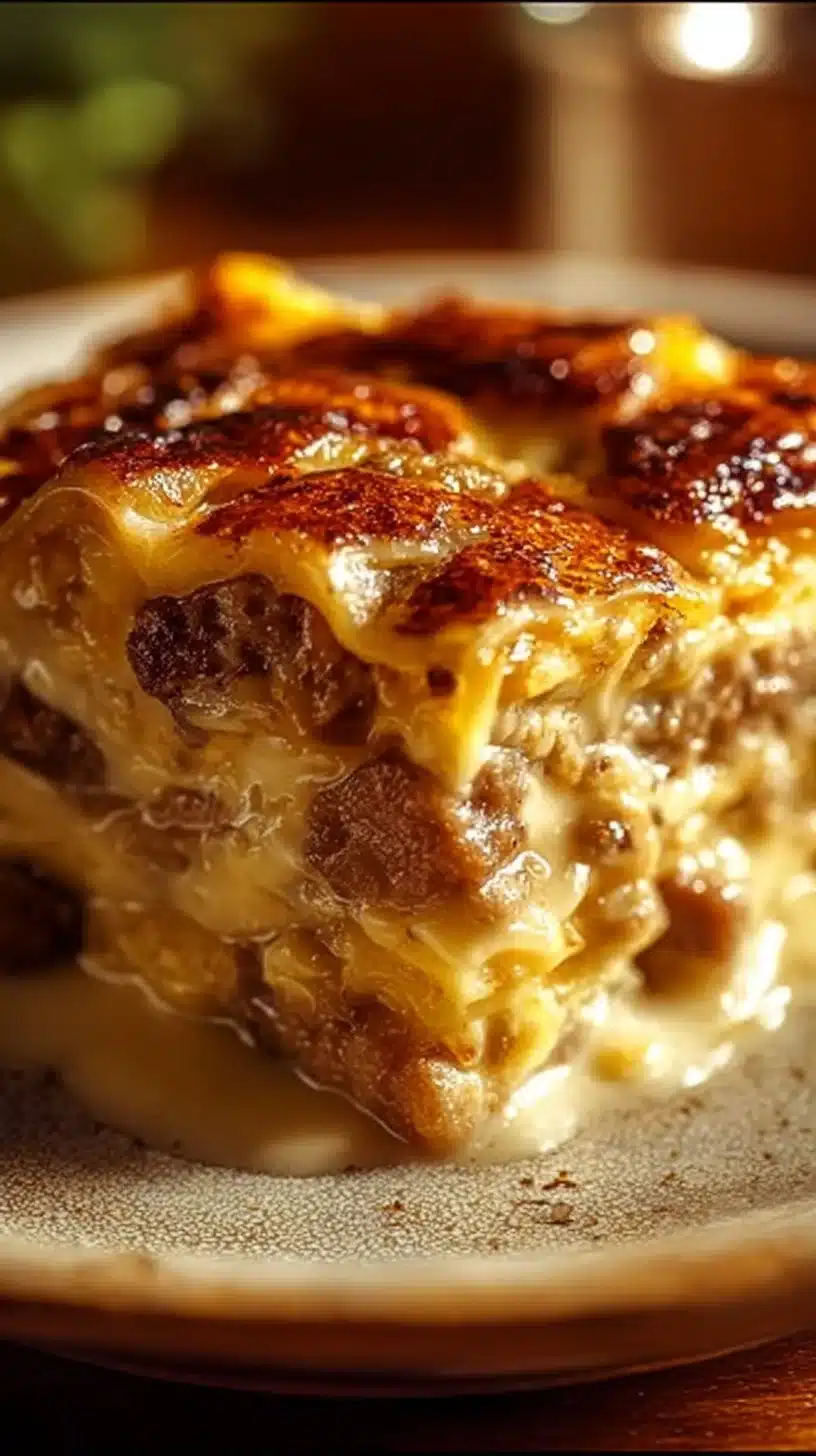 Delicious Pancake Sausage Casserole topped with syrup and sausage pieces