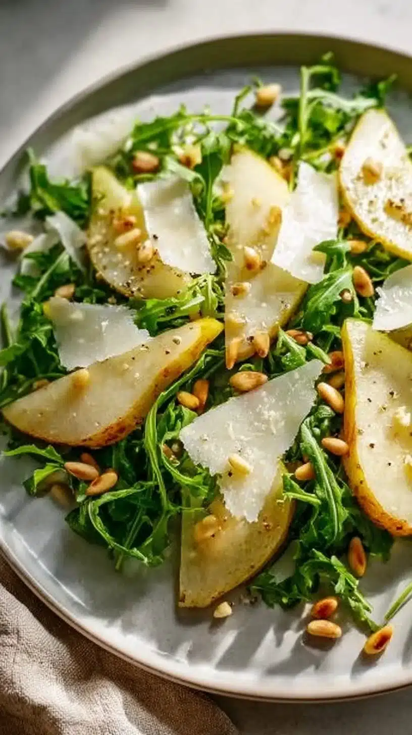 A fresh Pear and Arugula Salad with sliced pears and leafy greens