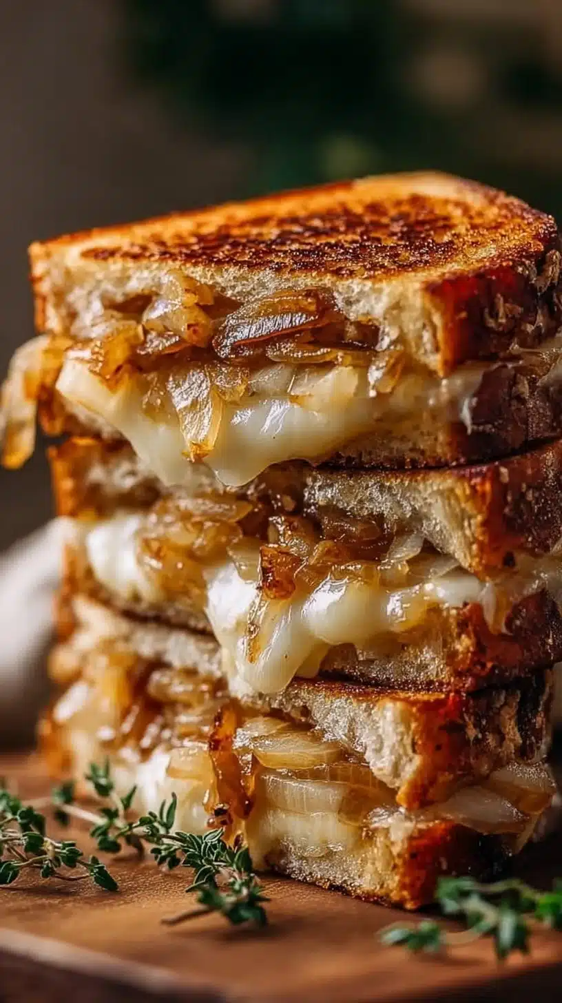 Pear and Apple Grilled Cheese with Caramelized Onions on a plate