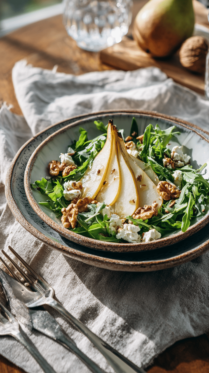 Pear and Arugula Salad with goat cheese, walnuts, and honey vinaigrette on a rustic plate
