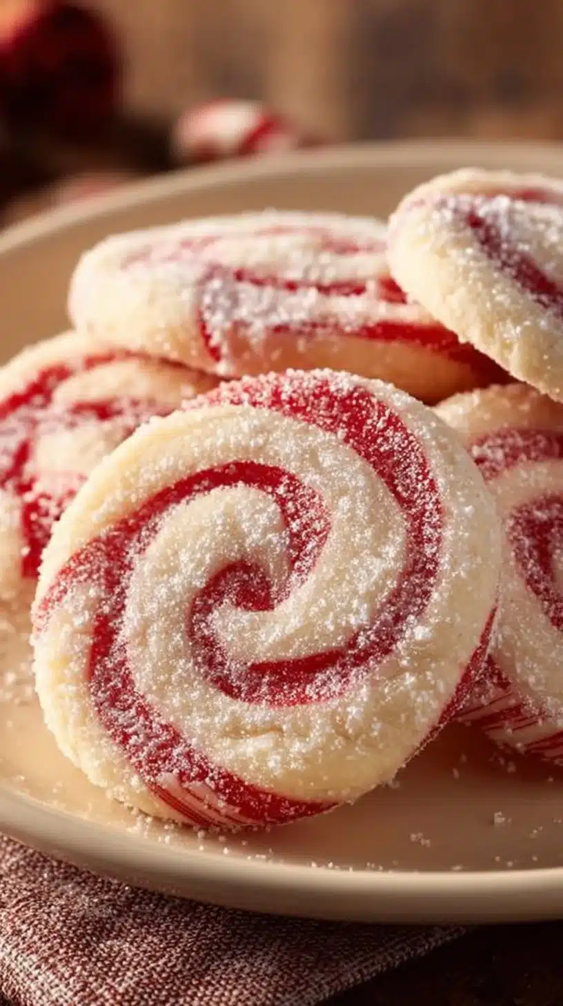Peppermint swirl cookies decorated with red and white swirls on a white plate