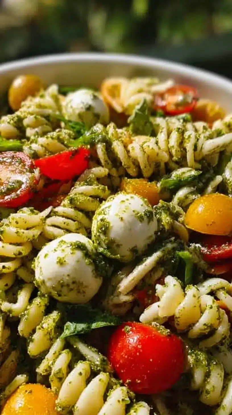 Pesto pasta salad with tomatoes and mozzarella, garnished with fresh basil.