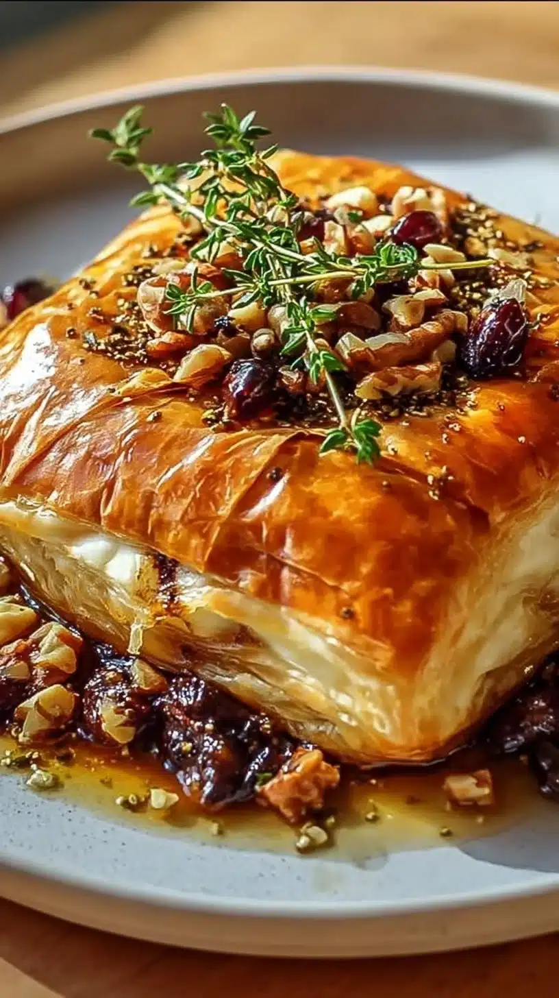 Delicious baked brie with herbs and nuts served on a wooden board