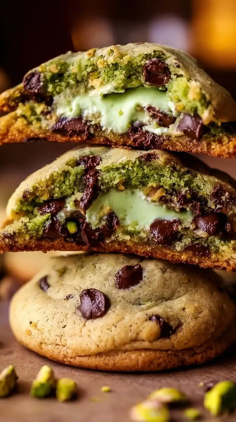 Plate of delicious pistachio cream cookies sprinkled with pistachios.