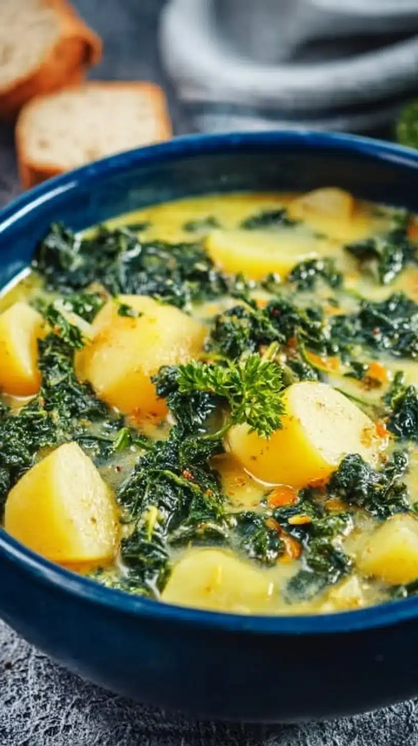 Bowl of homemade potato kale soup with fresh ingredients on a wooden table