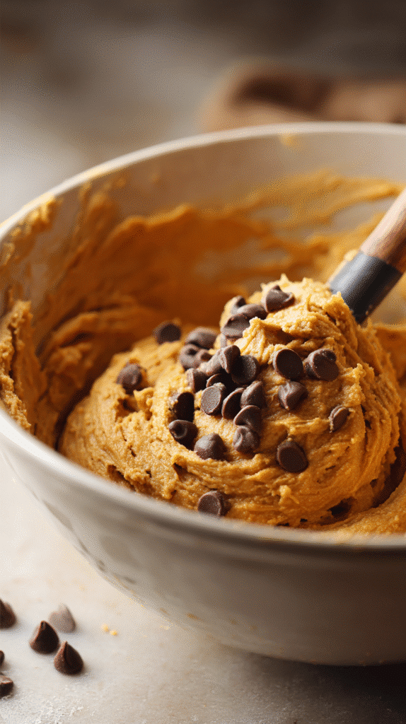 Best Pumpkin Chocolate Chip Muffins for Cozy Mornings 5 Mixing pumpkin muffin batter with chocolate chips in a bowl.