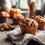 Warm pumpkin chocolate chip muffins on a rustic fall kitchen table.